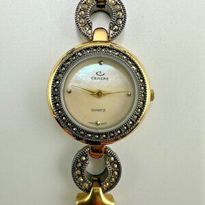 Cenere Watch Women Gunmetal Gold Two Tone Mother of Pearl Dial New Battery 5.75"